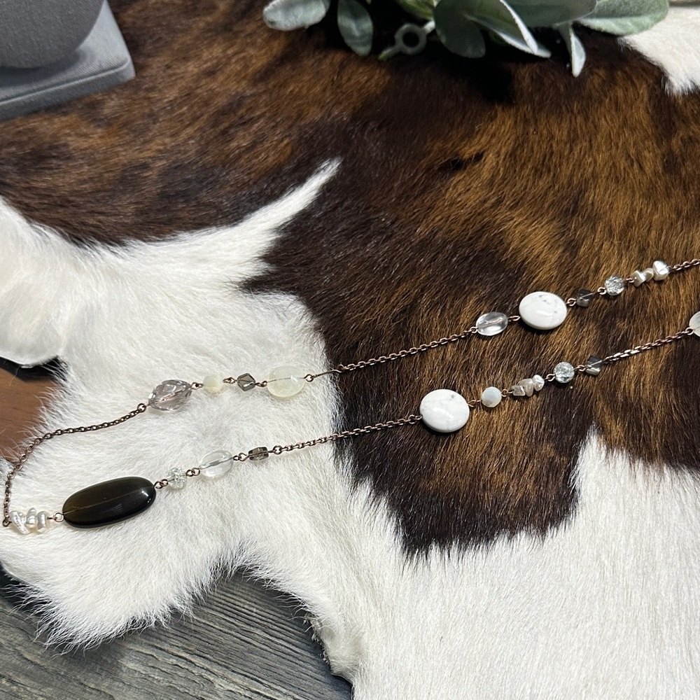Lia Sophia brown and White Beaded Necklace on copper color chain